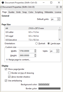 Inkscape document setup properties. It usually pops into the upper right hand corner.